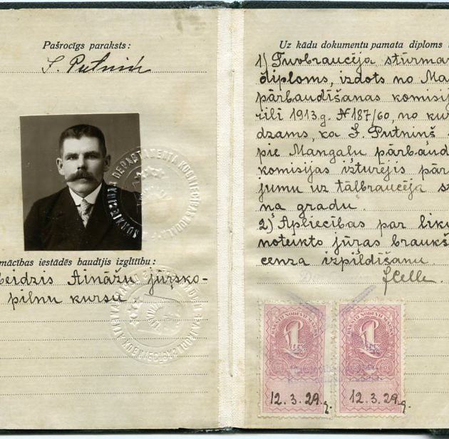 Ainažu jūrskolas absolventa Jāņa Putniņa diploms, 1929. g.