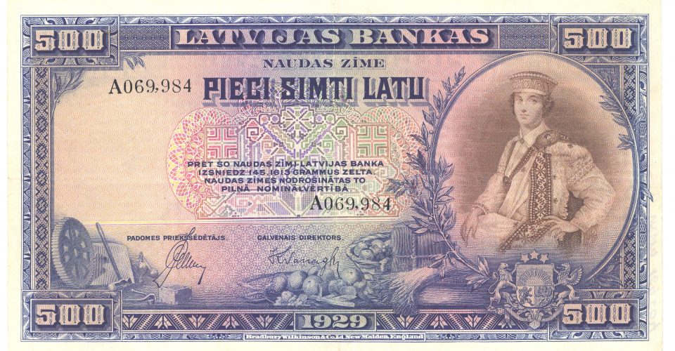 500 latu naudaszīme. Latvija, 1929. g. 