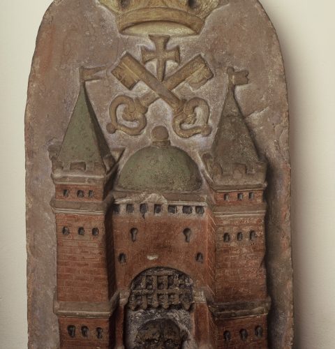 Akmens cilnis ar Rīgas pilsētas lielo ģerboni. Nezināms meistars, 17. gs. otrā puse.