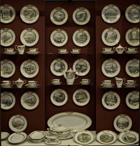 Set of dishes - a gift from the city of Riga to the Minister of War Jānis Balodis. Artist Vilis Vasariņš. made by M.S. Kuznetsov porcelain factory, 1937.