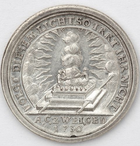 Medal of the Augsburg denomination 200th anniversary. Reverse. Germany, Nuremberg, medal master D.Z. Doklers Jun., 1730. Silver.