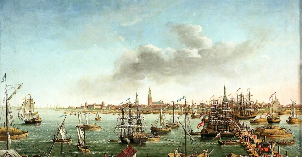 View of Riga from Pardaugava. Early 19th century. K.T. Fehhelm's colored lithography.