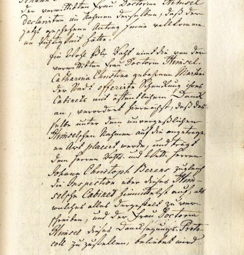Rīgas Rātes lēmums par Himzela muzeja dibināšanu 1773. gada 22.februārī (fragaments). Kopija no protokola. LVA, F.749, A.6, 1771.lieta.